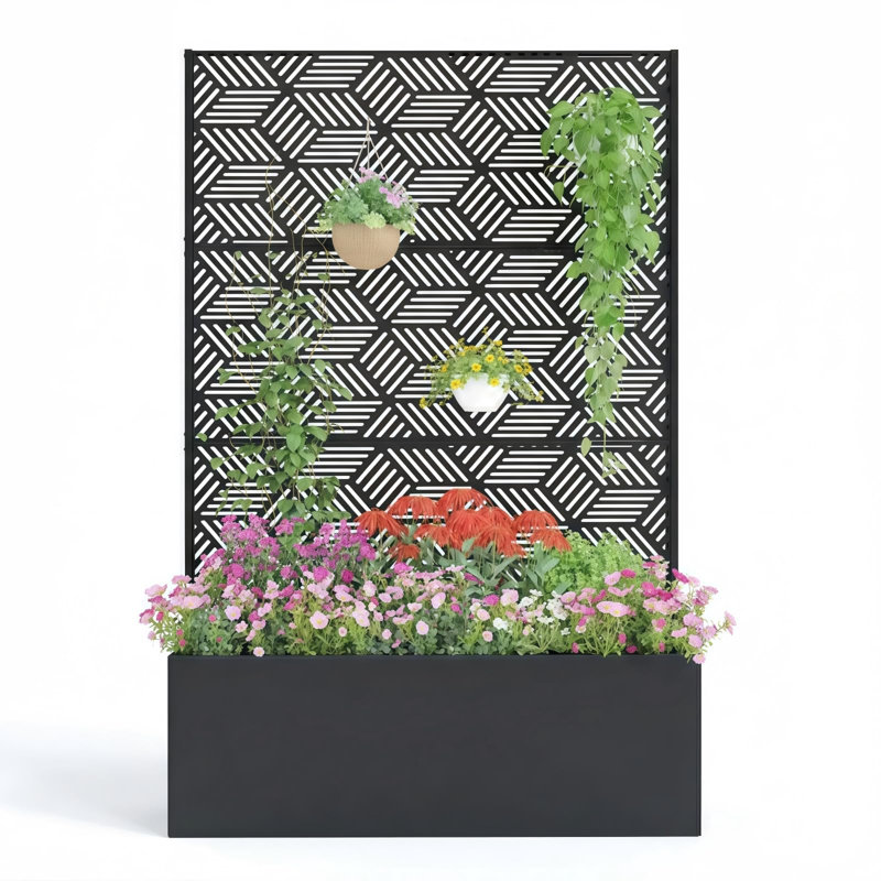 Metal Planter Box with Trellis, 71x47x16 Raised Garden Bed Privacy Screen with Drainage Holes for Patio Balcony