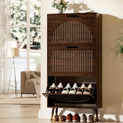 Rattan Shoe Cabinet With 3 Flip Drawers And Adjustable Shelves, Narrow Shoe Organizer With Fluted Panel, Freestanding Hidden Shoe Cabinet For Hallway