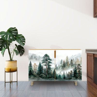 Sideboard Buffet Cabinet with Storage Misty Evergreen Forest with 2 Doors for Living Room and Kitchen