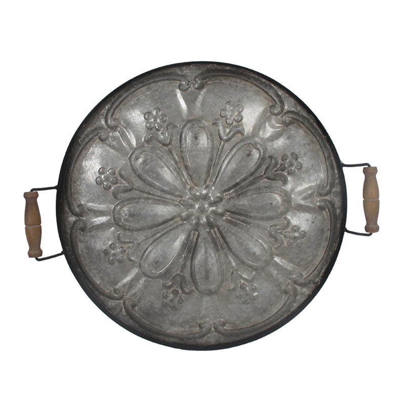 Vello Decorative Metal Tray, Wood Handles, Antique Gray Iron 28 Inch