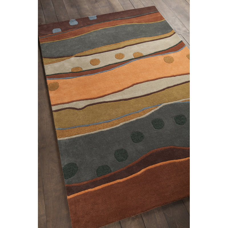 Tapis orange / vert / gris en laine touffeté à la main Shane, Rectangle 5 pi x 7 pi 6 po