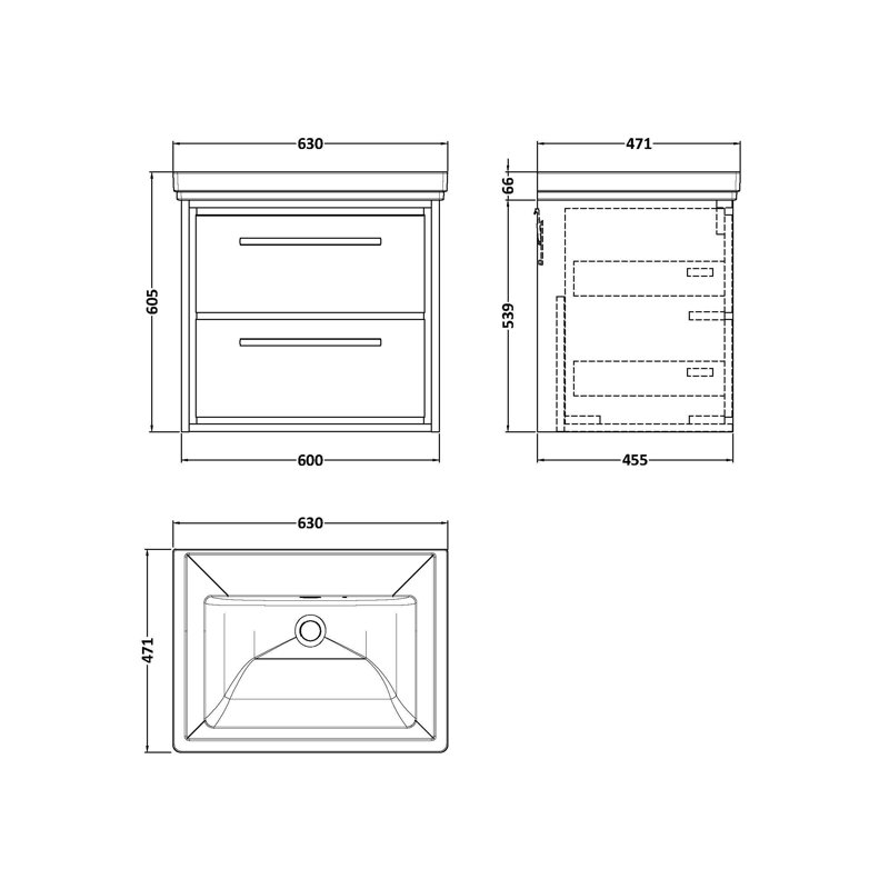 Hudson Reed Lille 600mm Antique Oak 2 Drawer  Wall Hung Vanity Unit With Fireclay Basin, Antique Oak, 63cm W