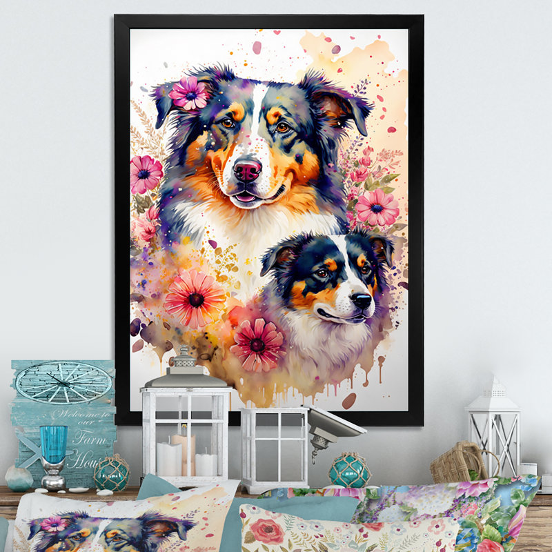 Mignon berger australien floral I - Peinture sur toile, Cadre photo noir, H 32 po x l 24 po x P 1 po