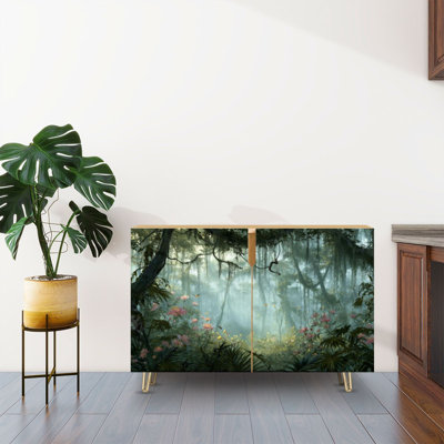 Sideboard Buffet Cabinet with Storage Panoramic Tropical Jungle Wall Art Misty Rainforest Scene with 2 Doors for Living Room and Kitchen
