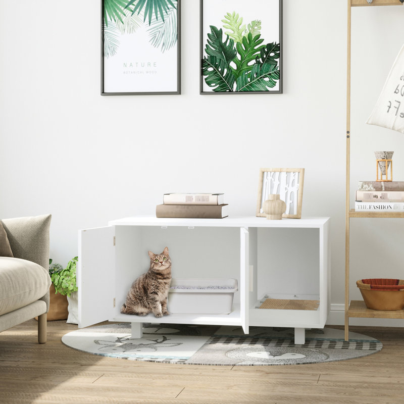 Litière multifonctionnelle pour chat en bois blanc, portes magnétiques, animal de compagnie en bois avec portes et table d'appoint