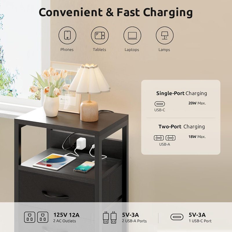 Table de chevet NightStand - table de chevet noire avec station de recharge, Noir
