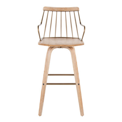 Fixed-Height Barstool With Swivel In Whitewashed Wood And Antique Copper Metal With Square Antique Copper Metal Footrest