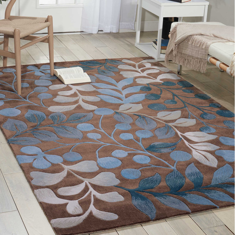 Tapis touffeté à la main bleu turquoise / moka / blanc cassé / vert sarcelle Brittni, Rectangle 8 pi x 10 pi 6 po