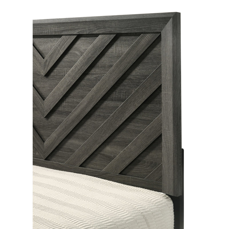 Cadre de lit à finition géométrique gris rustique de style contemporain pour grand décor de chambre à coucher avec finition