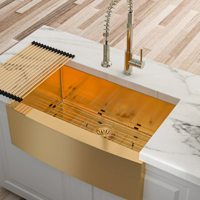 30" Stainless Steel Gold Kitchen Sink, 16G, X Water Guide, Reduced Noise 16G Steel, Nano Surface, Easy To Clean, Soundproof Pad