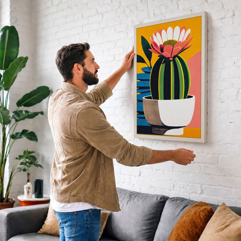 Cactus in Bloom Modern 1 Piece Wrapped Canvas Wall Art, 30x20 - 76.2 x 50.8 cm, White Border