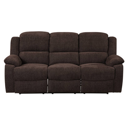 Chenille brune inclinable pour 3 personnes avec structure en métal et en bois, console avec porte-gobelet et sièges à dossier KD, support, ressorts ensachés et siège à ressort sinueux