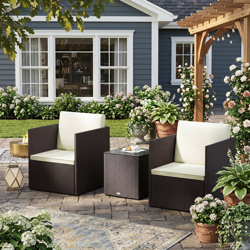 3-Piece Folding Outdoor Wicker Bistro Set, Cushions and Glass Coffee Table