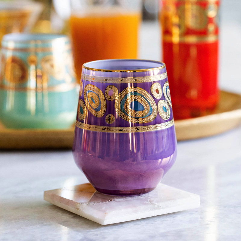 Regalia Stemless Wine Glass, Orange/Blue/Gold/Purple