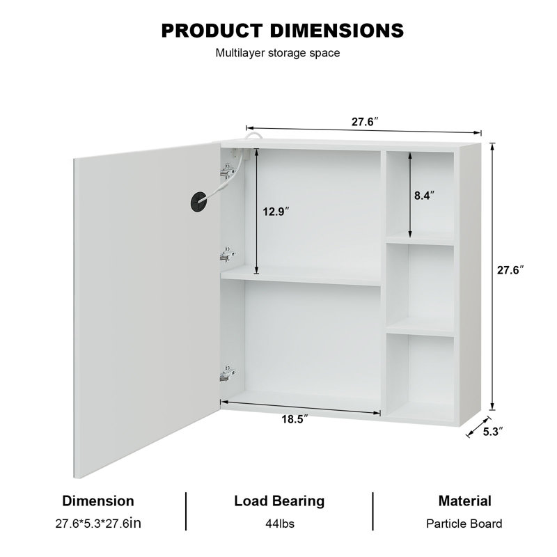 27.6'' W 27.6'' H Wall Mounted Required Frameless Medicine Cabinet Mirror