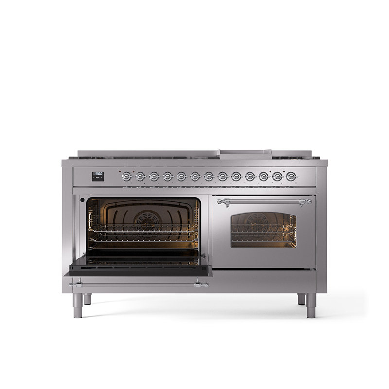 ILVE Nostalgie II 60 Dual Fuel Range, 9 Burners, Griddle, Stainless Steel/Chrome, Natural Gas