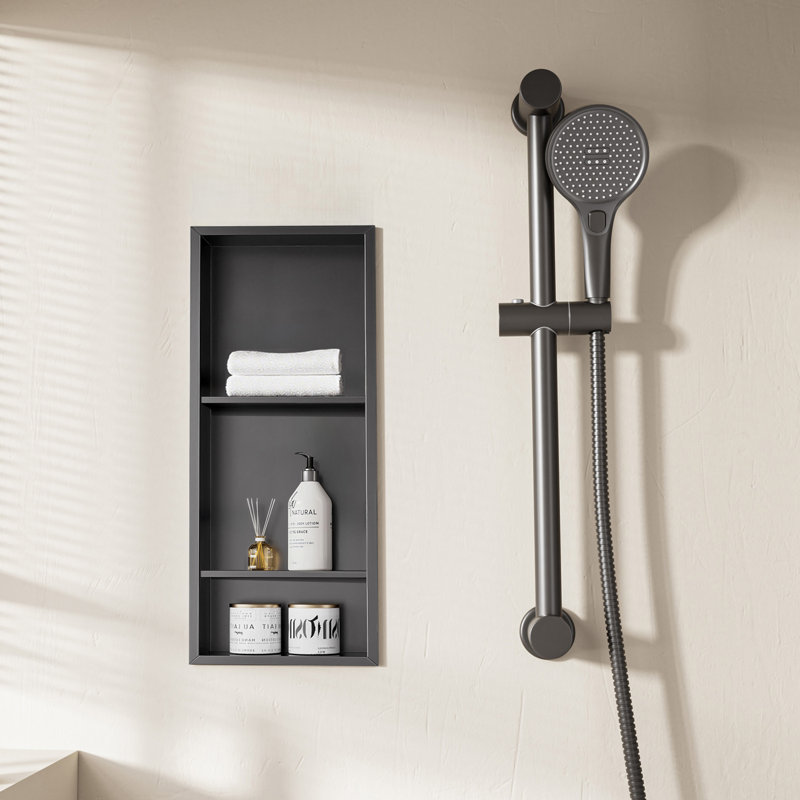 Niche de douche encastrée imperméable avec tablettes doubles noir mat l 12 po x H 30 po x P 4 po, aucun carreau nécessaire
