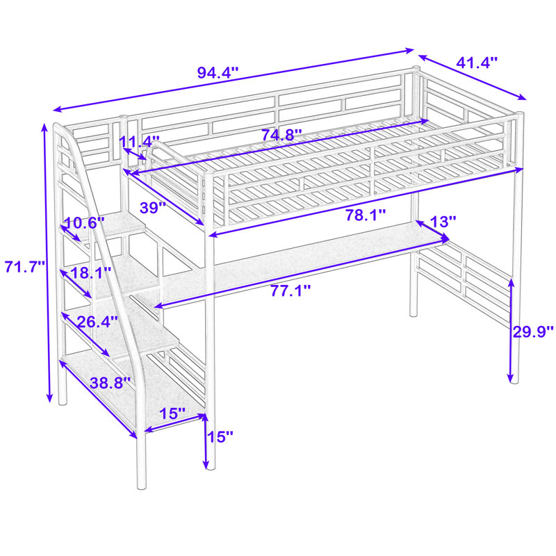 Lit mezzanine simple en métal avec bureau intégré