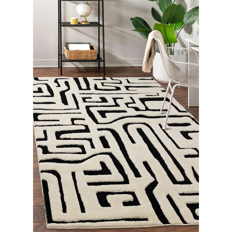 Tapis d'intérieur noir blanc Hopwood, Rectangle 6 pi 7 po x 9 pi 6 po