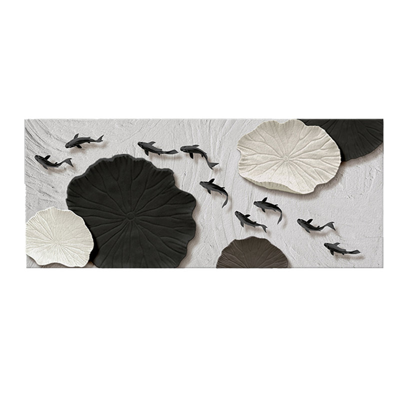 Peinture murale horizontale moderne de luxe à neuf poissons jouant dans le grès, H 23,62 po x l 59,06 po
