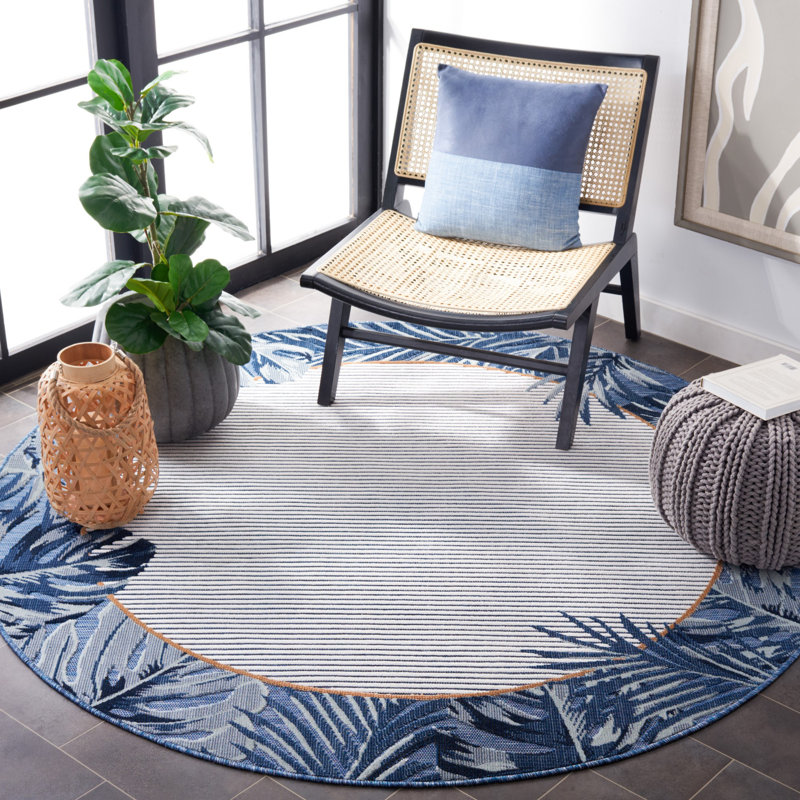 Adheesh Floral Ivory/Navy/Yellow Indoor / Outdoor Area Indoor/Outdoor Area Rug, Round 6'5"