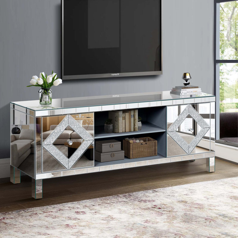 Meuble télé en miroir pour téléviseur de 65 pouces et plus, console avec rangement ouvert et 2 armoires de rangement, portes miroir en forme de diamant pour le salon (l 59 po x H 25,2 po x P 15,7 po)