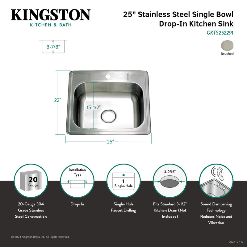 Évier de cuisine encastré à cuve simple en acier inoxydable à 1 trou Kingston Brass Studio