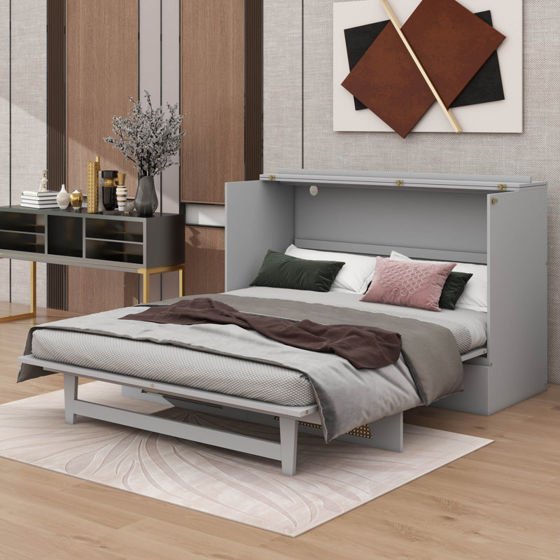 Un lit escamotable avec un tiroir spacieux, des ports USB intégrés et des prises électriques, Gris, Grand lit