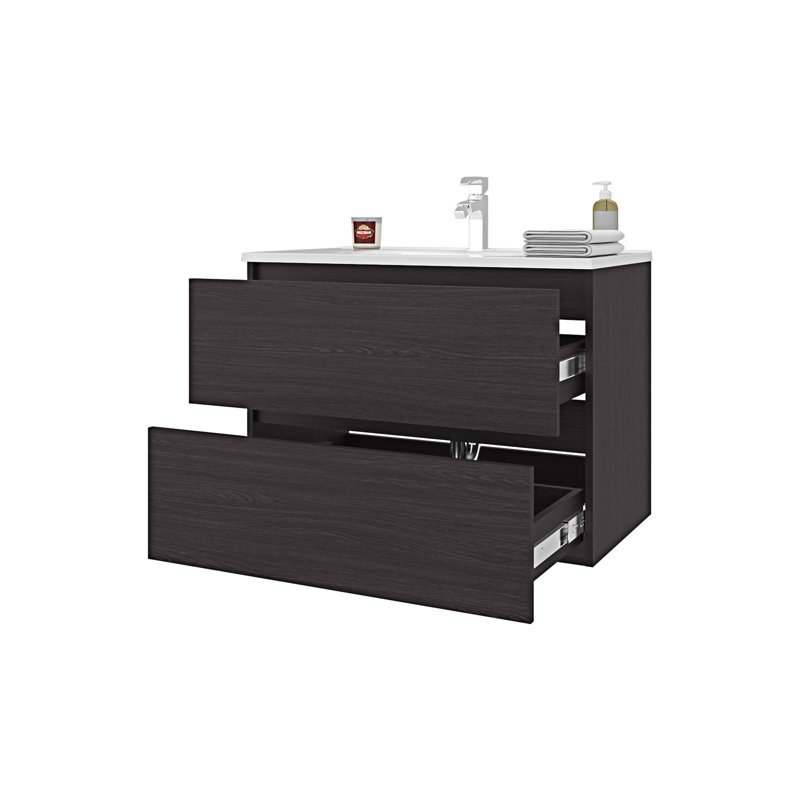 Meuble-lavabo flottant avec deux tiroirs et lavabo, Wengé