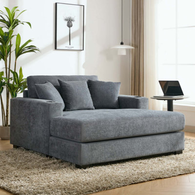 Très grand canapé-lit de style moderne avec méridienne, avec coussins, station de charge et porte-gobelets, tissu chenille