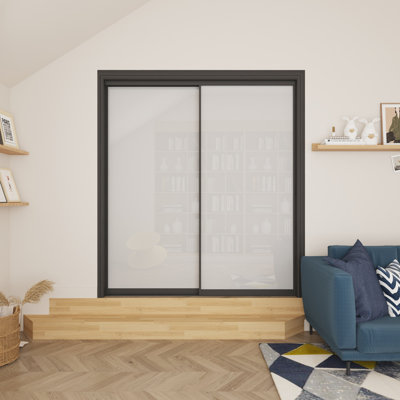 Porte d'armoire coulissante en verre trempé givré noir 80 po x l 60 po avec 2 panneaux et 1 pièce  