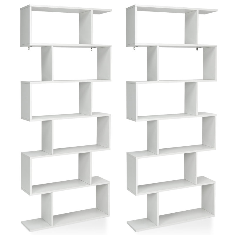  2 PCS 75” H x 31.5” H 6-Tier S-Shaped Geometric Bookcase, White