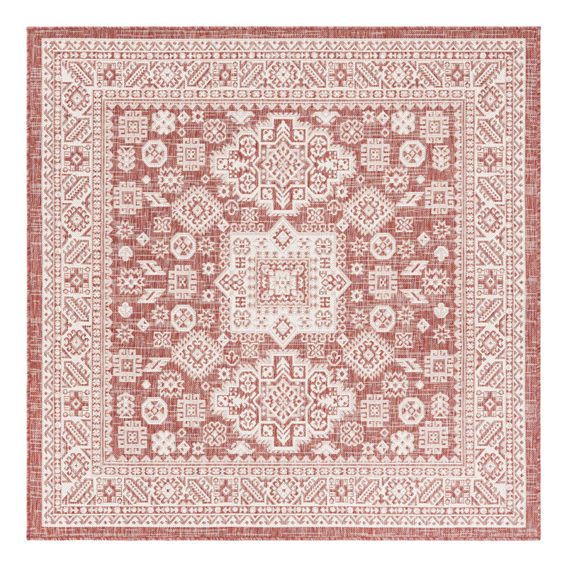 Tapis intérieur / extérieur rouge rouille en polypropylène tissé à la machine Archange, Carré 5 pi 3 po