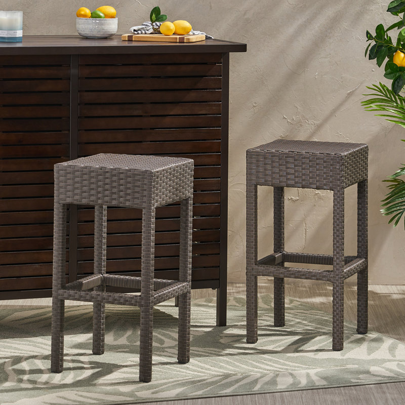 Outdoor PE Rattan Backless Barstools, Set of 2