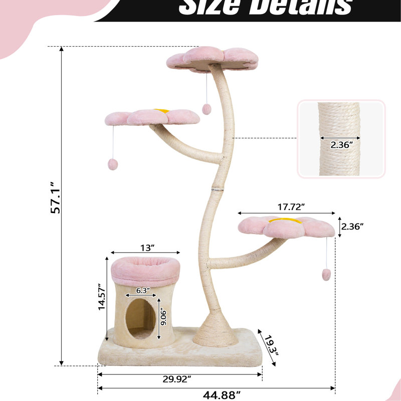 Multi - Level Cat Tree In Pink And Beige, Featuring A Stable Base, With Raised Bed, Core For Activity Flower Inspired Indoor Cats, Cylindrical , Platforms, 2 Dangling Entertainment