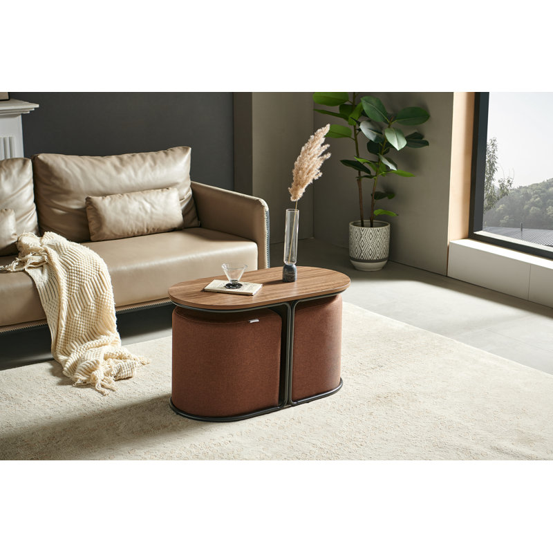 Mira 17.7" High Modern Oval Wooden Coffee Table  with 2 Hidden Stools