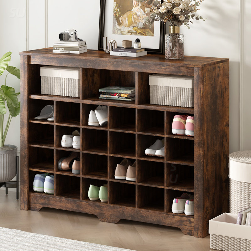 Modern 24-Cubby Shoe Cabinet & Sideboard – Curved Base Storage Console for Entryway, Living Room, or Bedroom, Brown