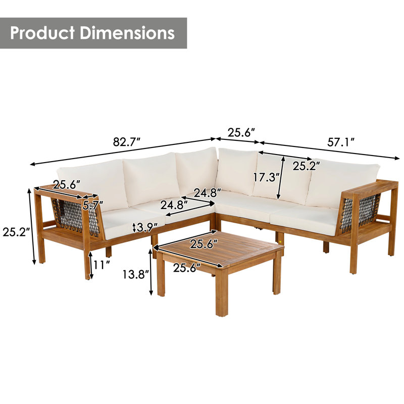 Ensemble de conversation d'extérieur en bois d'acacia avec coussins 4 pièces Luciano, Beige, Teck