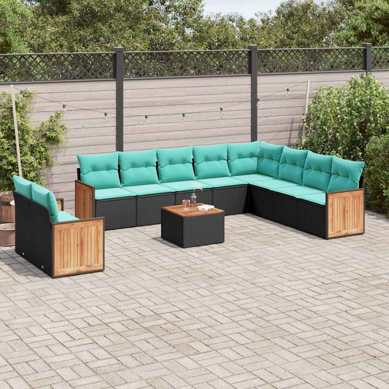 Ensemble de canapé de patio 11 pièces avec coussins en rotin de polyester, Bleu clair, Noir