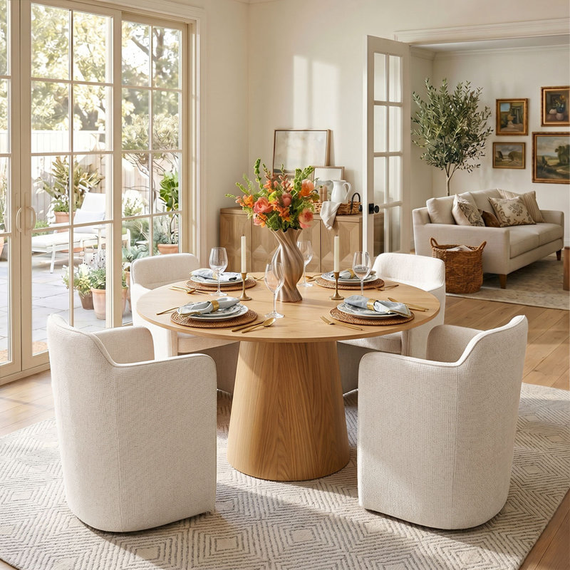 4 - Person Dining Table Sets With Solid  Round Table & 4 Upholstered Fabric Chairs, Beige, Yellow
