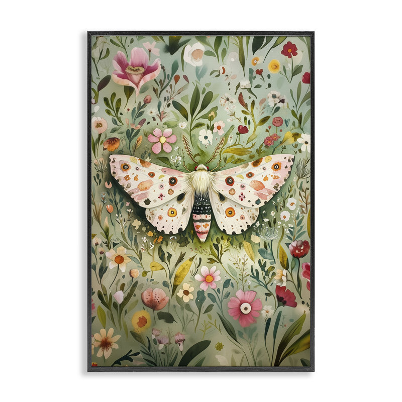 Floral Moth & Botanicals, estampe numérique, design par The Dutch Lady, H 18 po x l 12 po, Giclée encadrée noir minuit