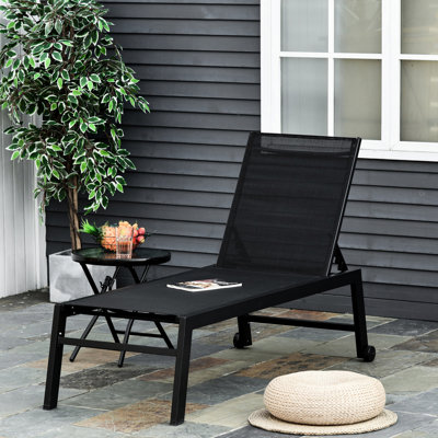 5 Reclining Beach Chair With 2 Wheels And Comfortable Seat - Black Patio Lounge For Poolside, Lawn Chair, , Wheels,