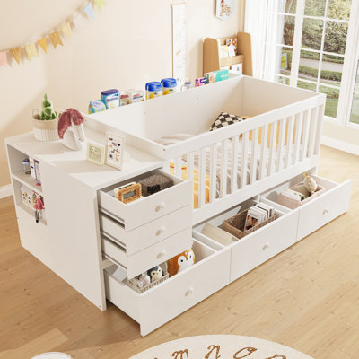 Convertible Crib to Daybed with Drawers,2-in-1 Baby Crib with Solid Wood Guardrails