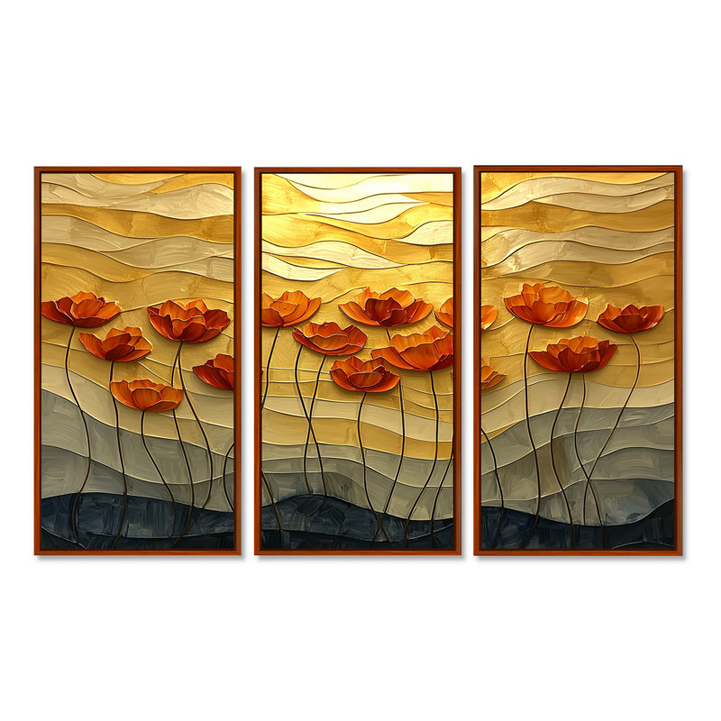 Coucher de soleil sur les vagues de coquelicots I - art mural coquelicots - ensemble de 3, H 28 po x l 36 po, Brun