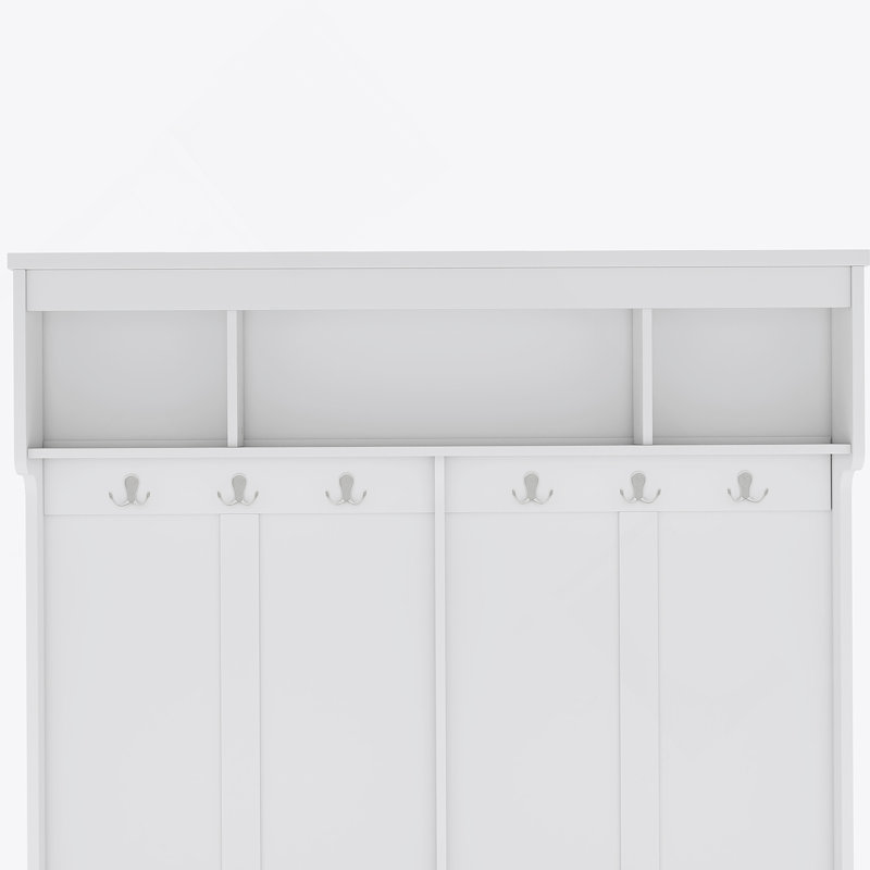 Modern Hallway Hall Tree With Metal Hooks And Storage Space, Multi-Functional Entryway Coat Rack With Shoe Cubbies, White