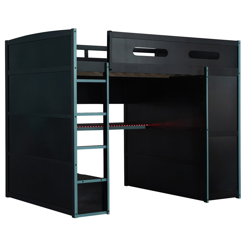 Lit mezzanine en bois avec bureau, garde-robe, grand espace de rangement et lumière RVB, Bleu