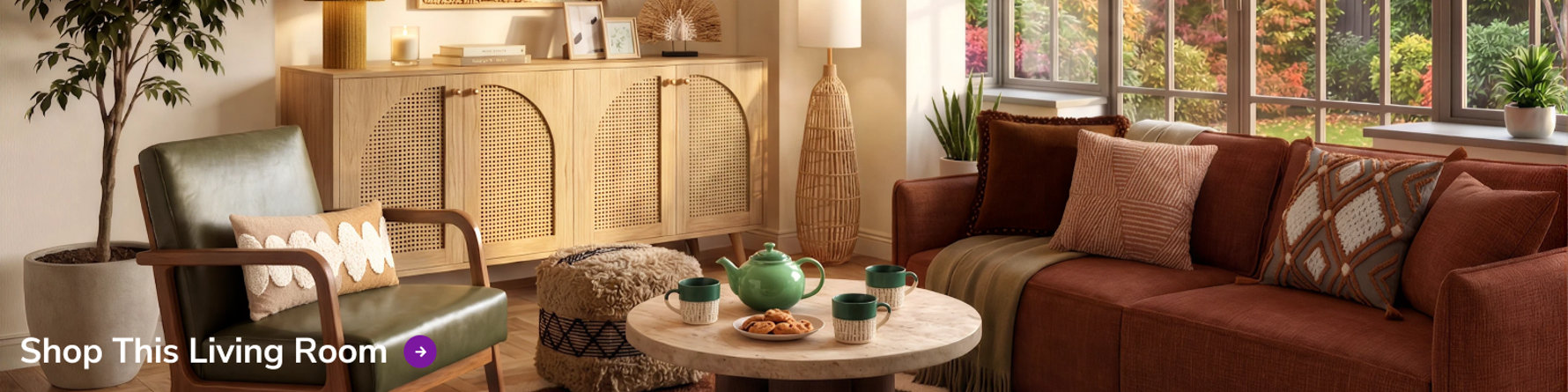Cosy living room featuring a rust-coloured sofa with textured cushions and a throw, a green leather accent chair, a rattan sideboard, a floor lamp and a round travertine coffee table set with a green teapot and cups, with text overlay reading Shop This Living Room.