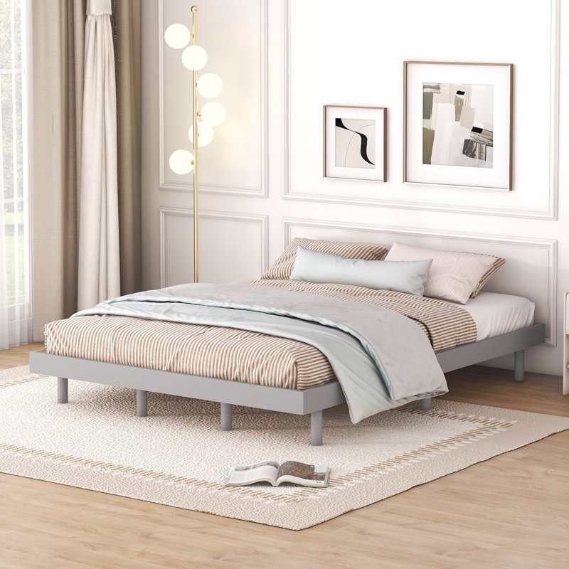 Queen Size Classic Wooden Floating Bed Frame,Low Profile Platform Bed With Sturdy Slats Support,No Headboard,No Box Spring Needed,Easy Assembly   (Gray, Queen)