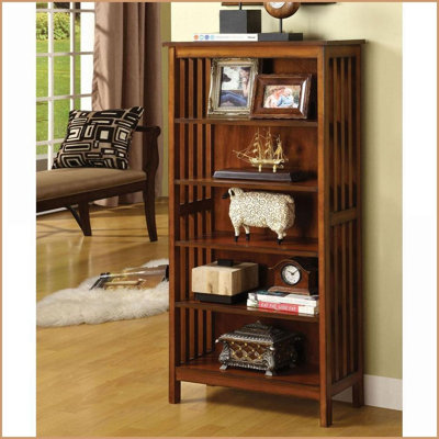 Media Shelf with 5 Open Shelves, Oak Finish | Solid Wood | Transitional