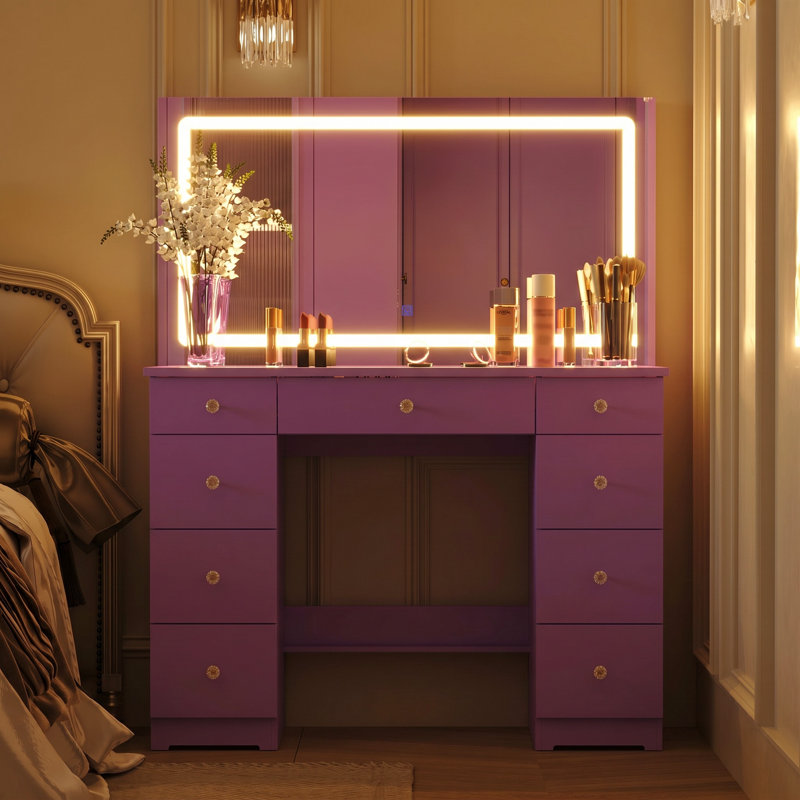 Coiffeuse de maquillage moderne avec miroir lumineux et rangement solide, Pink